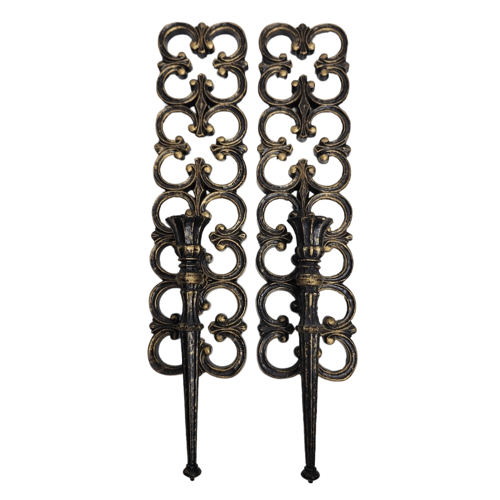 Syroco Bronze Wall Sconces Candle Holders Hollywood Regency Vtg 1960s